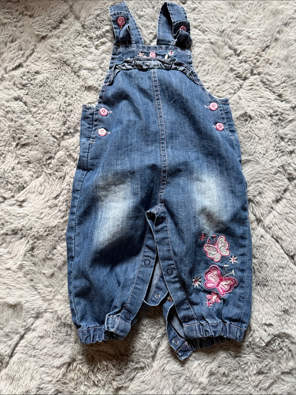 Denim Butterfly Embroidered Kids Overalls - Pink Accents